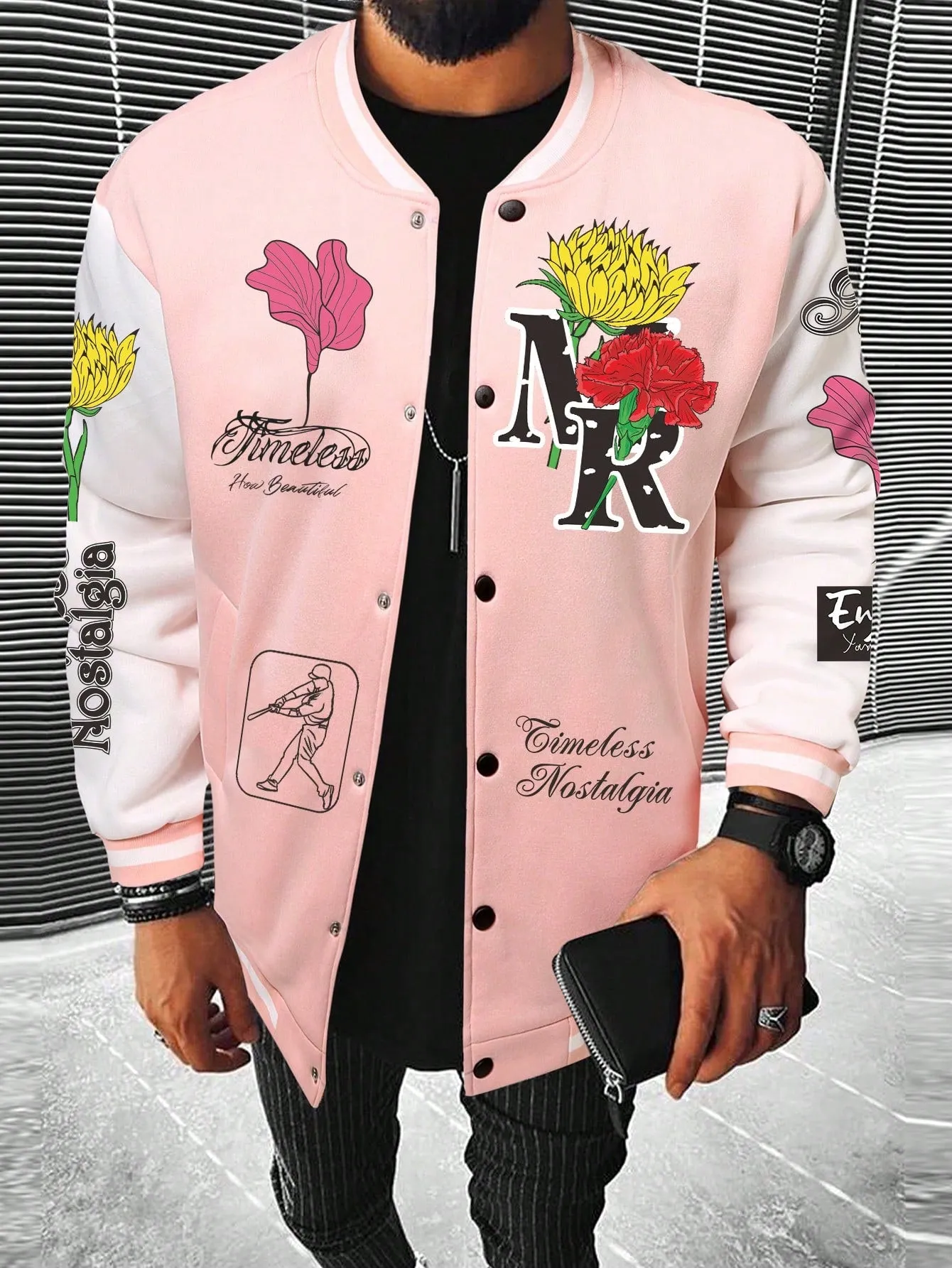 Mens Colorful Floral & Letter-Graphic Bomber Jacket - Long Sleeve, Ideal for Casual Outings, Perfect Boyfriend Gift, Manfinity EMRG Brand, Fun Baseball Jacket Style, 1pc