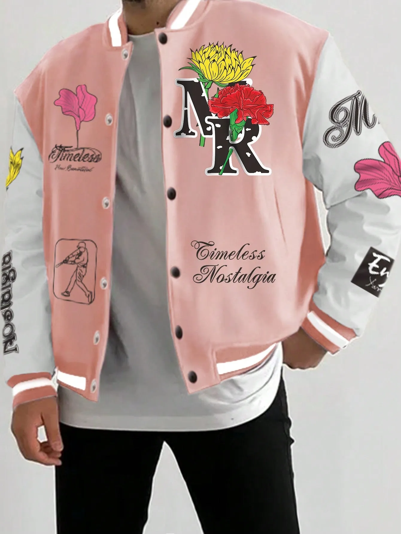 Mens Colorful Floral & Letter-Graphic Bomber Jacket - Long Sleeve, Ideal for Casual Outings, Perfect Boyfriend Gift, Manfinity EMRG Brand, Fun Baseball Jacket Style, 1pc