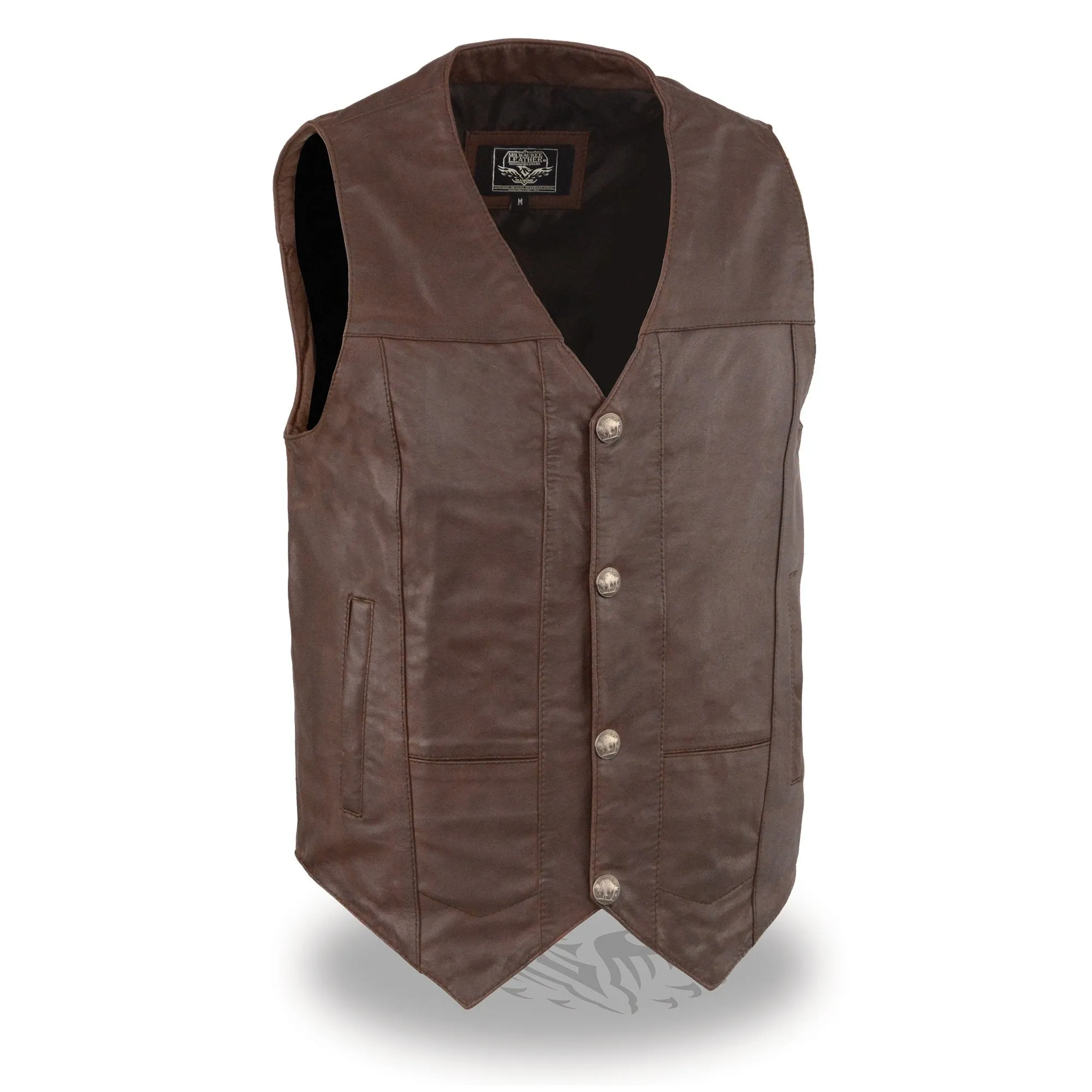 Milwaukee Leather LKM3702 Men's Leather V-Neck Western Style Motorcycle Rider Vest w/Classic Buffalo Snaps Closure