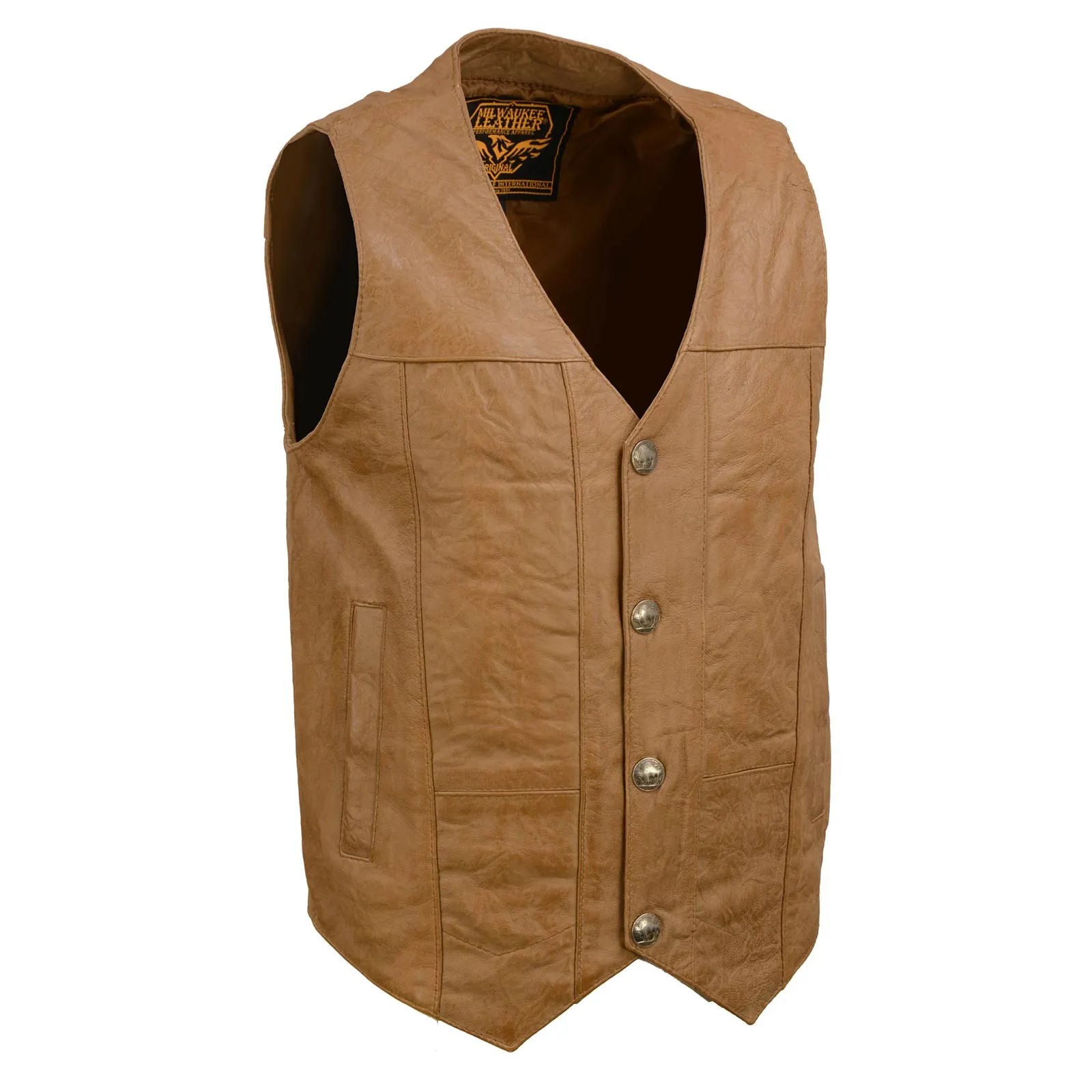 Milwaukee Leather LKM3702 Men's Saddle Leather Classic V-Neck Western Style Motorcycle Rider Vest w/ Buffalo Snaps