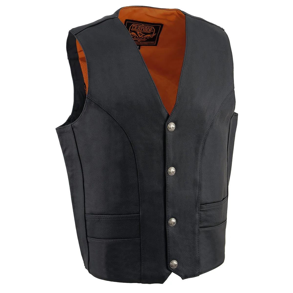 Milwaukee Leather ML1368 Men's Black Premium Leather V-Neck Motorcycle Rider Vest w/ Buffalo Nickel Snaps Closure