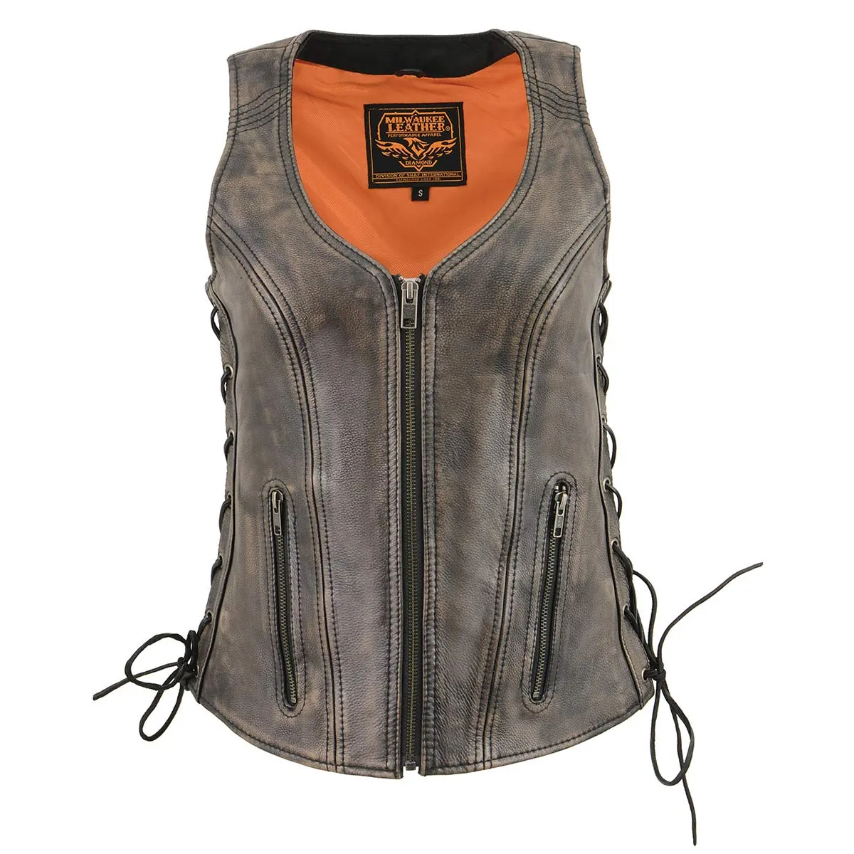 Milwaukee Leather Women's Distress Brown Leather V-Neck Motorcycle Rider Vest with Side Lace MLL4531