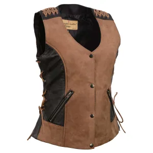 Milwaukee Leather Women's Smoocher Vintage Two Tone Crazy Horse Brown and Black Leather Club Style Motorcycle Vest MLL4509