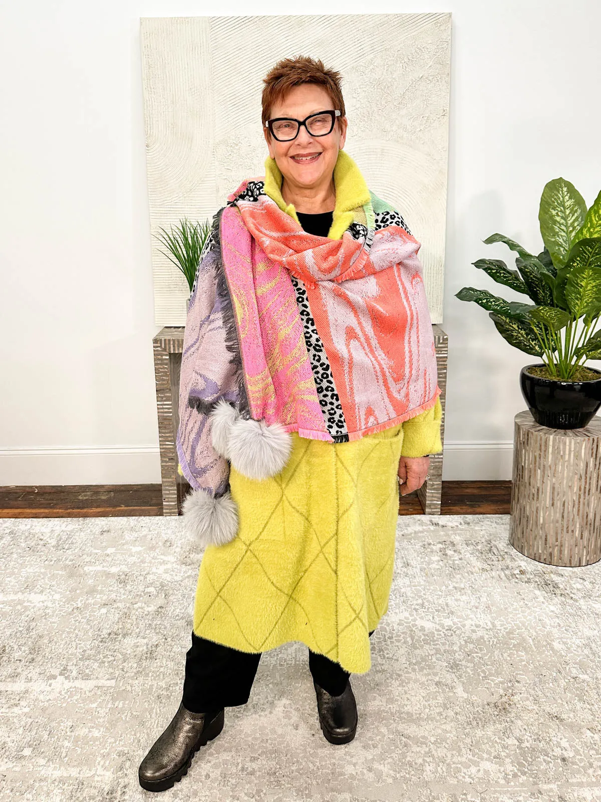 Mixed Pattern Shawl with Fur Pom Poms, Grey Multi