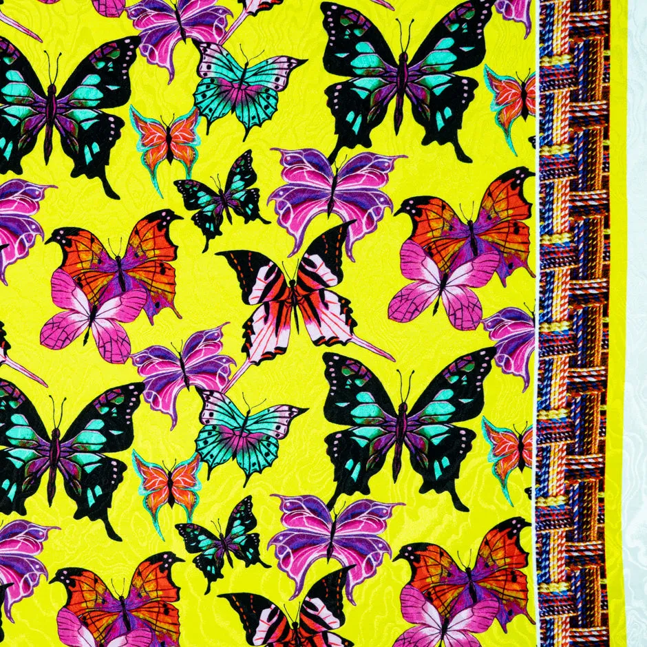 Multi-Coloured Butterfly Printed Yellow Silk Jacquard