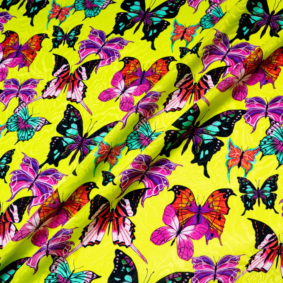 Multi-Coloured Butterfly Printed Yellow Silk Jacquard