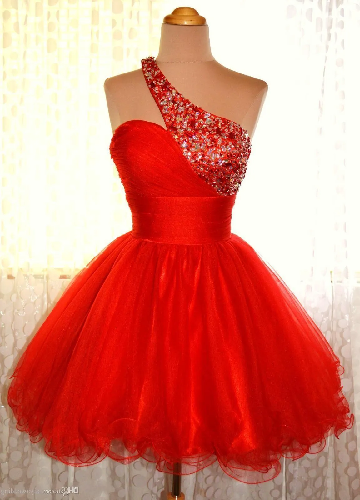 One Shoulder Red Sleeveless A Line Organza Pleated Rhinestone Homecoming Dresses