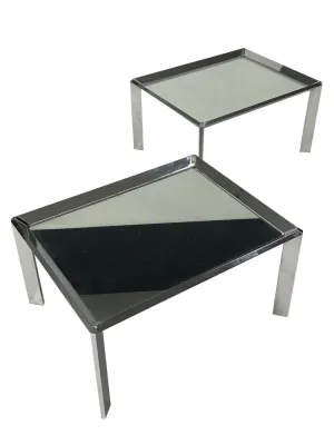 Pair of vintage mid century modern chrome tables with mirror tops in the style of Milo Baughman