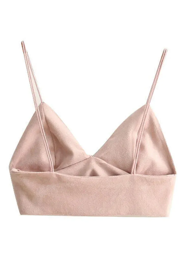 Pink Suede Bralette Crop Top with Strappy Design