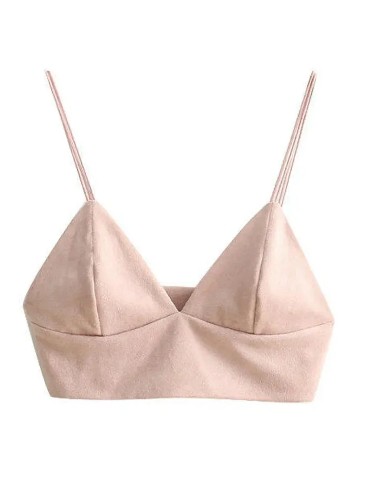 Pink Suede Bralette Crop Top with Strappy Design