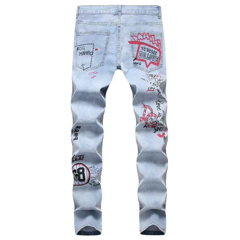 Printed Punk Style Ripped Straight CutMen Jeans