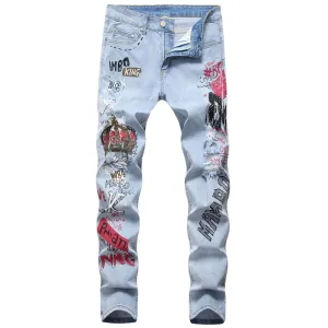 Printed Punk Style Ripped Straight CutMen Jeans