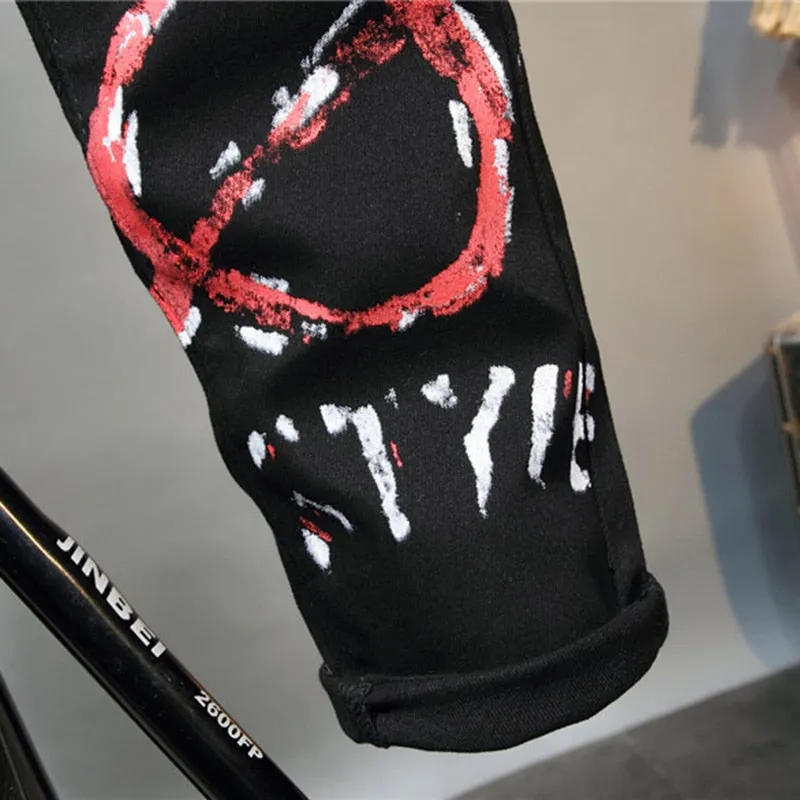 Punk Graffiti Style Printed Slim Fit Jeans