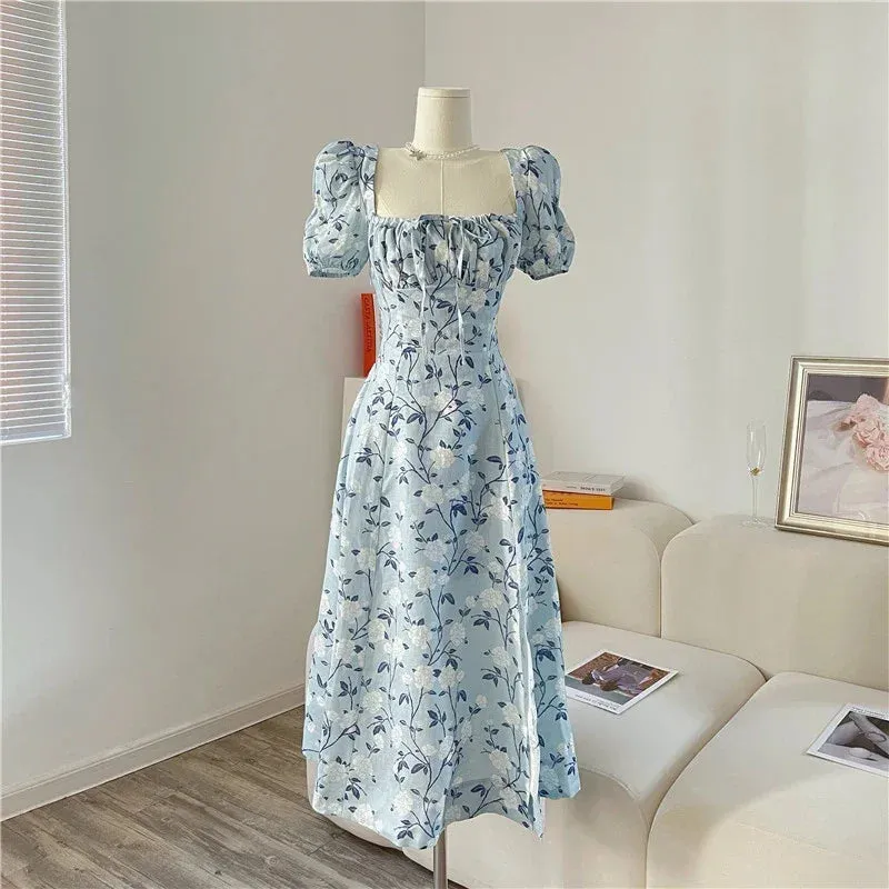 Short Sleeve Dresses A-line Chiffon Midi Floral Print Gentle Elegant Defined Waist Empire Spring Summer Vestidos Female Chic Ins