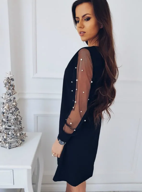 Spring Black Boat Neck Long Sleeve Straight Dress