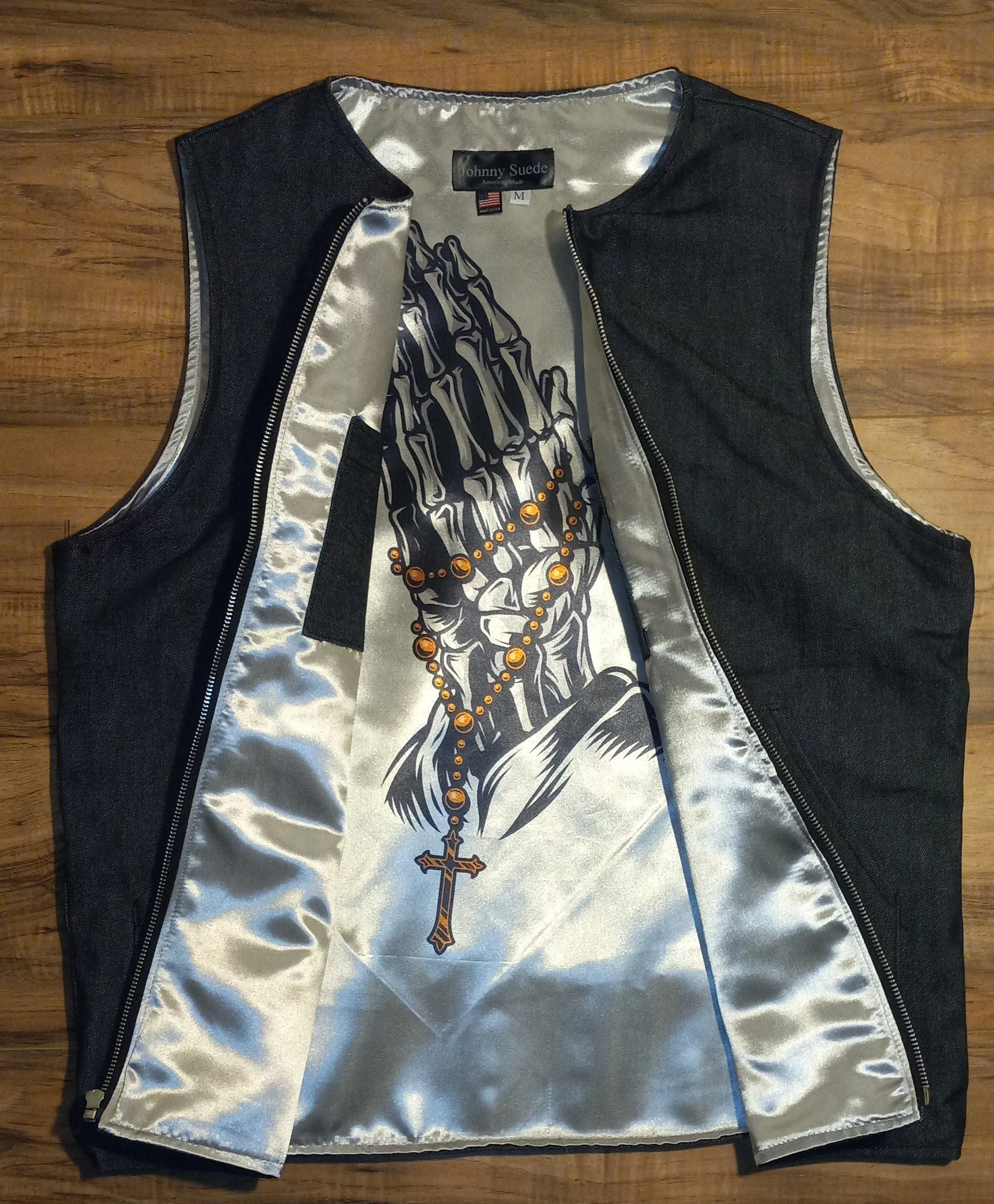 VEST - raw denim silver praying hands