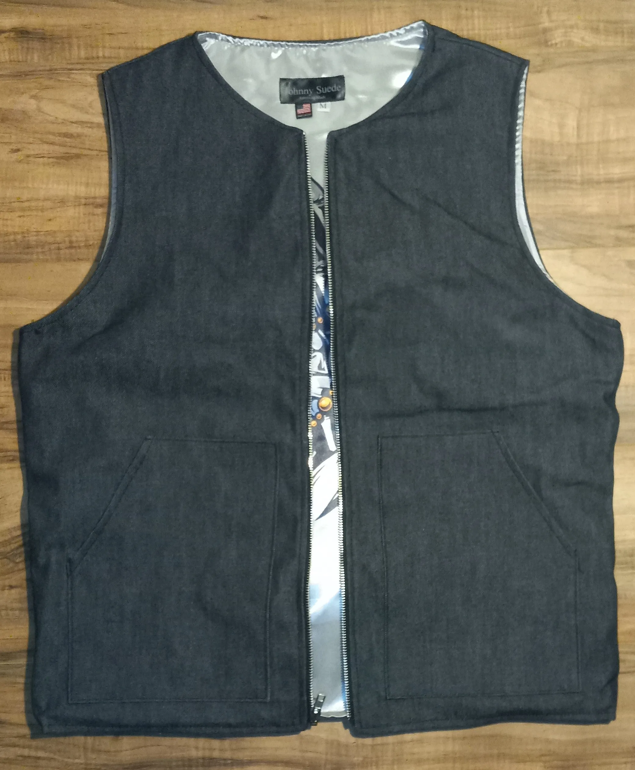 VEST - raw denim silver praying hands