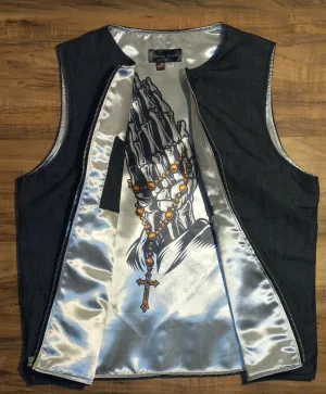 VEST - raw denim silver praying hands