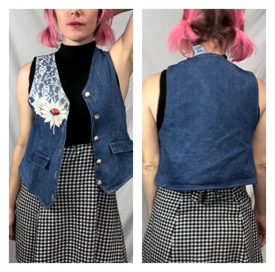 Vintage 80s | Embellished Madonna Lace Denim Vest or Crop Top | XS