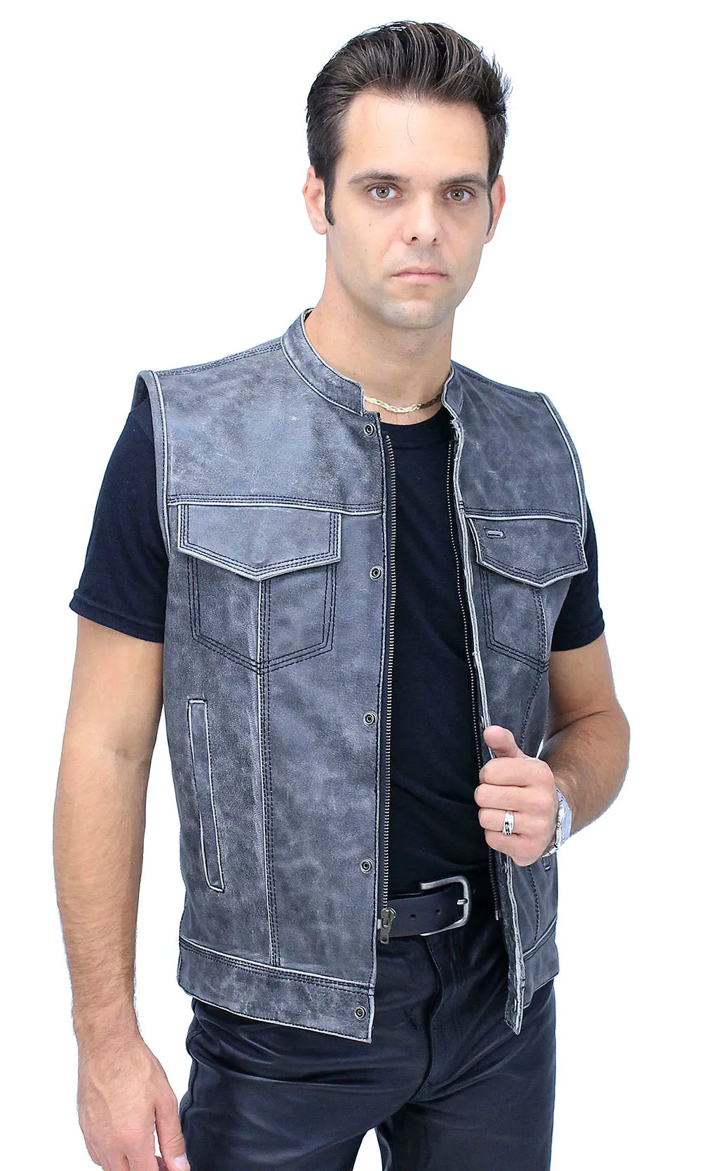 Vintage Gray Leather Concealed Pocket Club Vest #VMA6402ZGY