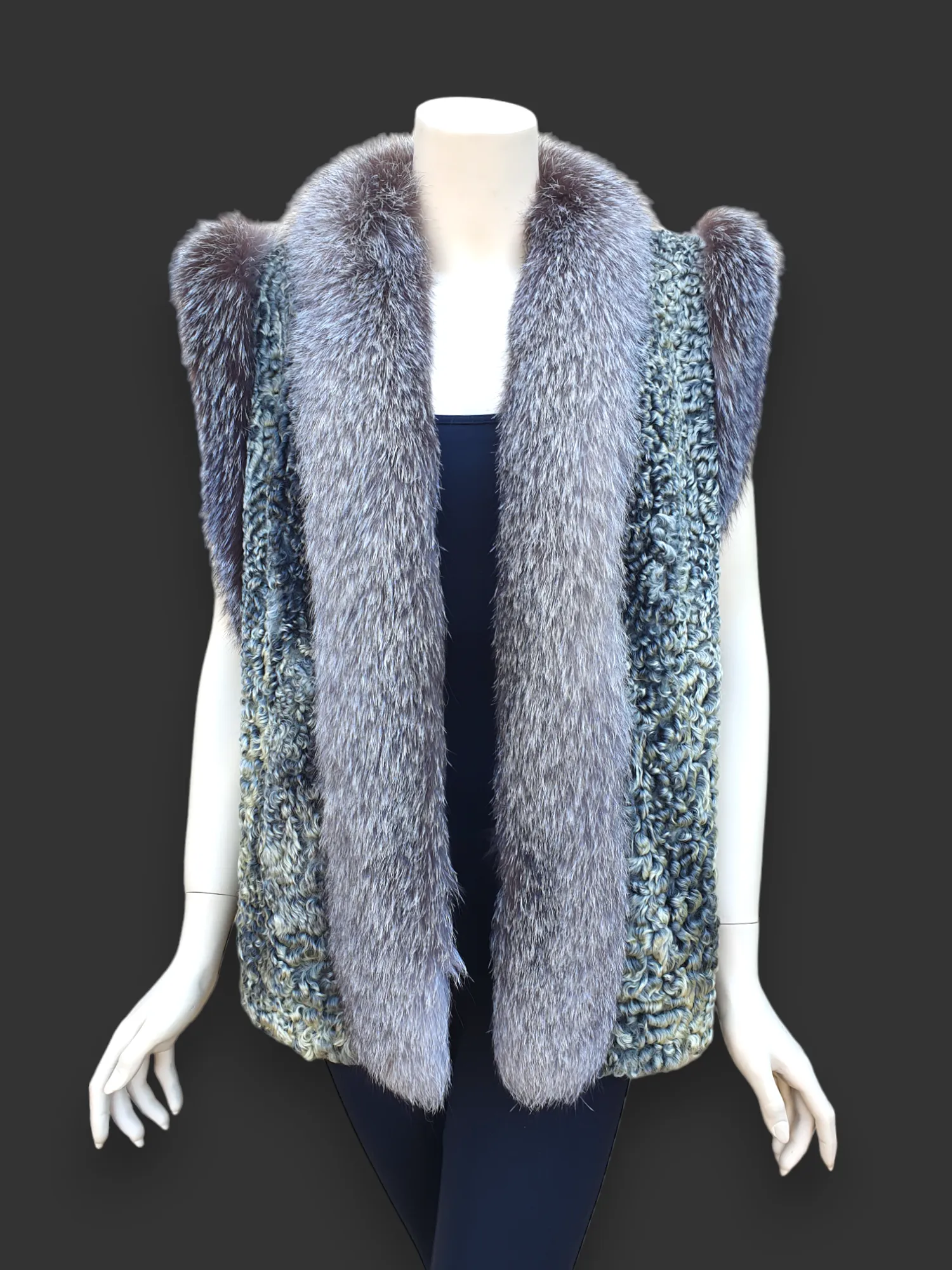 Vintage Gray Persian Lamb w/ Indigo/Silver Blue Fox Vest -Large