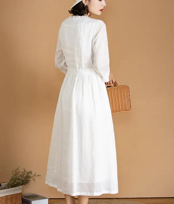 White Women Dresses Ramie Casual Spring Linen Women Dresses MN97215