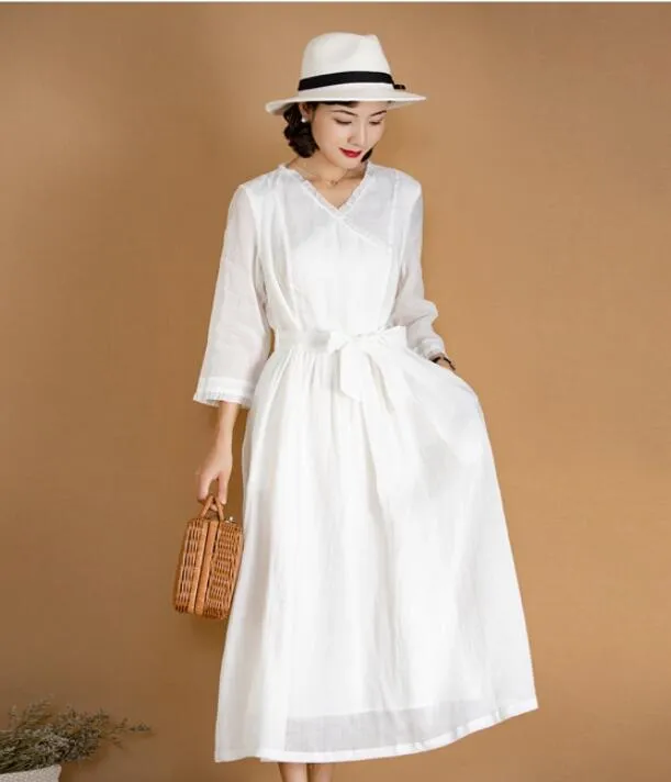 White Women Dresses Ramie Casual Spring Linen Women Dresses MN97215