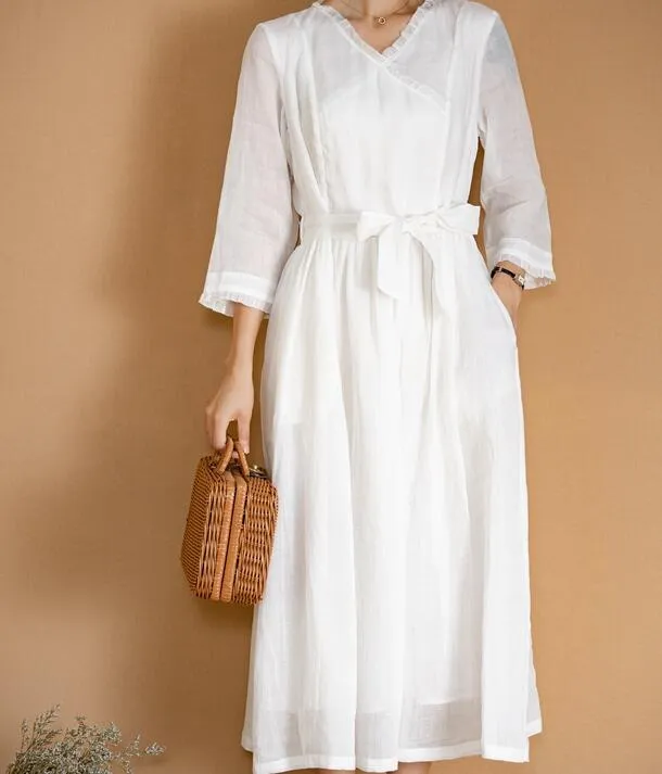 White Women Dresses Ramie Casual Spring Linen Women Dresses MN97215