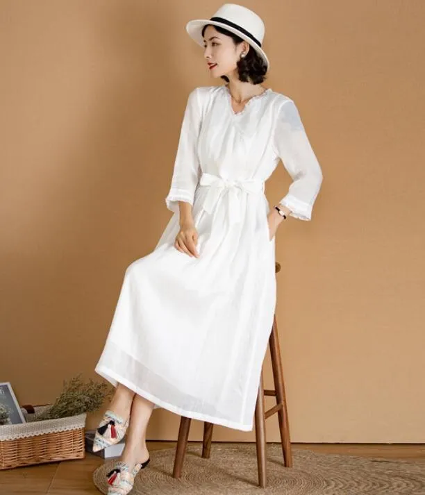 White Women Dresses Ramie Casual Spring Linen Women Dresses MN97215