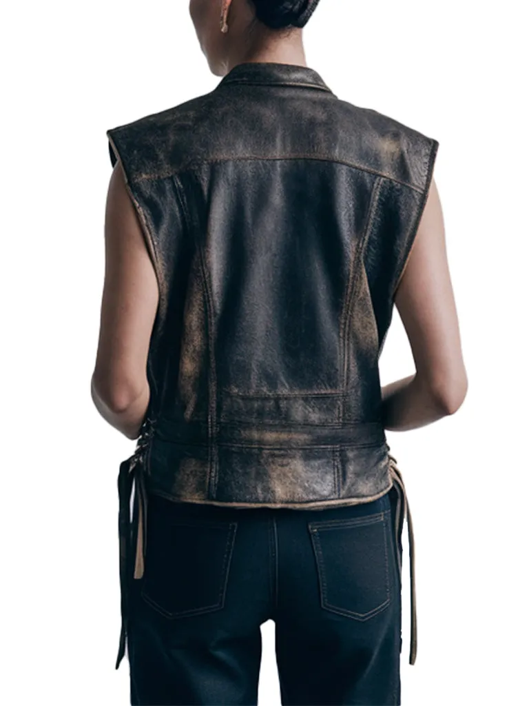 Women's Distressed Cliff Leather Vest With Lace-Up Sides