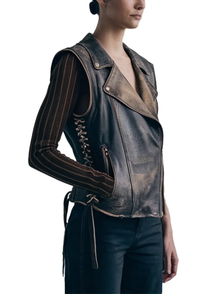 Women's Distressed Cliff Leather Vest With Lace-Up Sides