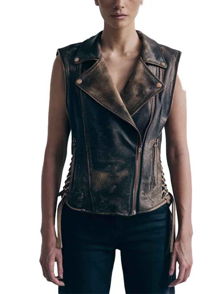 Women's Distressed Cliff Leather Vest With Lace-Up Sides