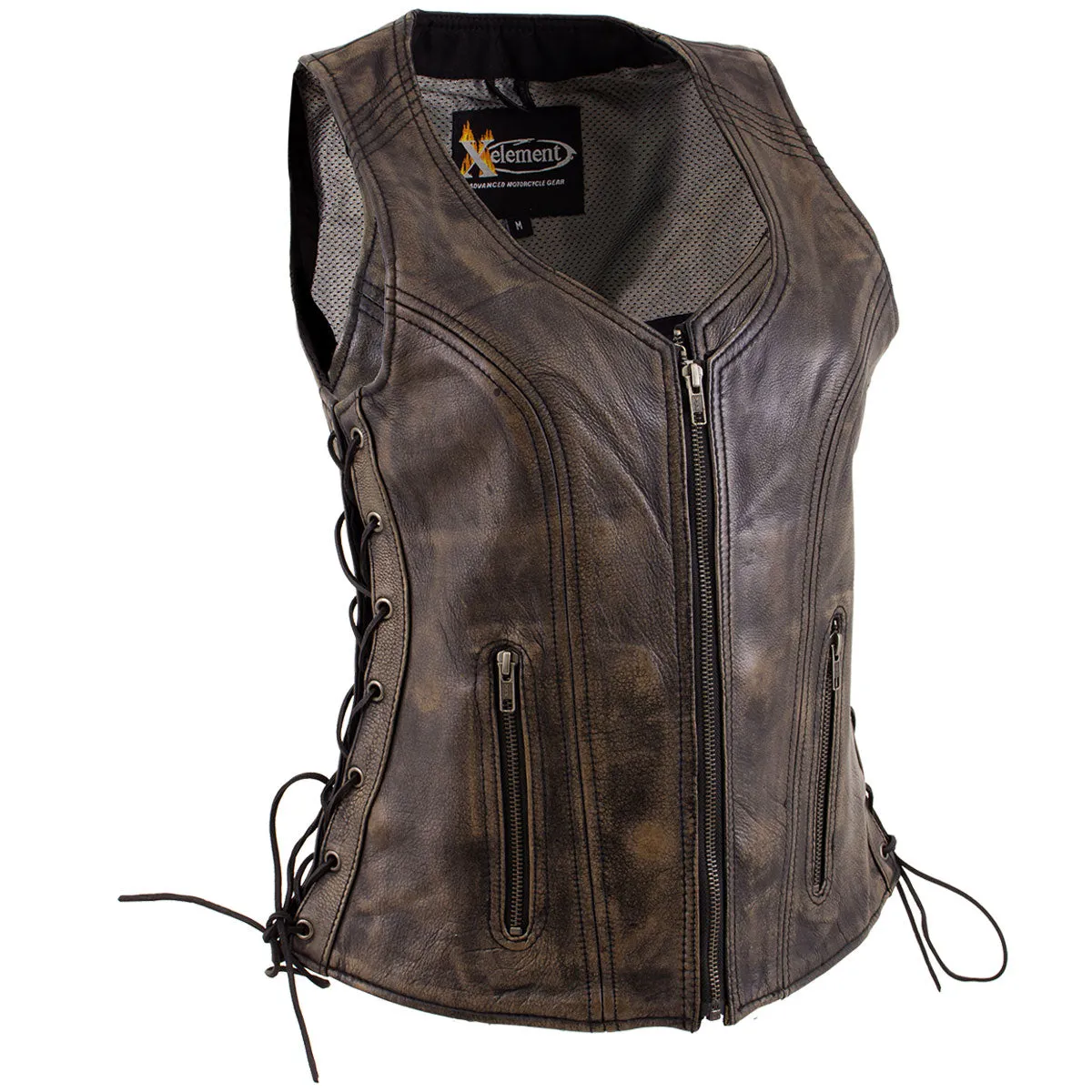 Xelement XS3900 Women's 'Bella' Distressed Brown Leather Motorcycle Biker Rider Vest with Side Laces